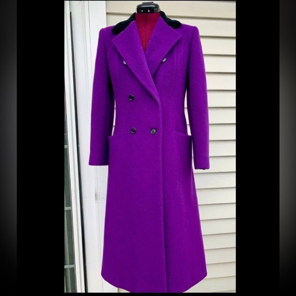 Harve Benard Purple Double-Breasted Wool Coat with Black Collar